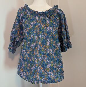 Jennifer & Grace Blue Multicolor Floral Ruched Neck Sleeve Eyelet Top Sz Large